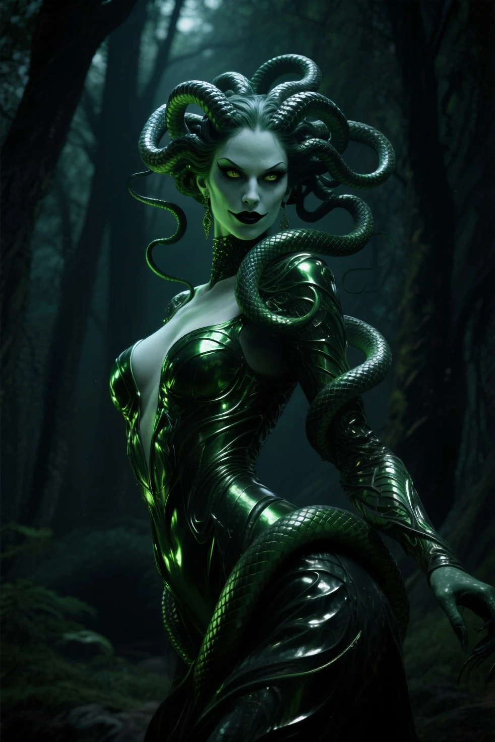 A full body image of a Medusa inspired character, Krieger, Mythologie, Weiblich, Gott, Wears a black dress, Equipped with weapons, Effekte im Hintergrund, dunkel, giftige Schlange, kreative Effekte, aus dem Untergrund, Schlangen, Green, Gift