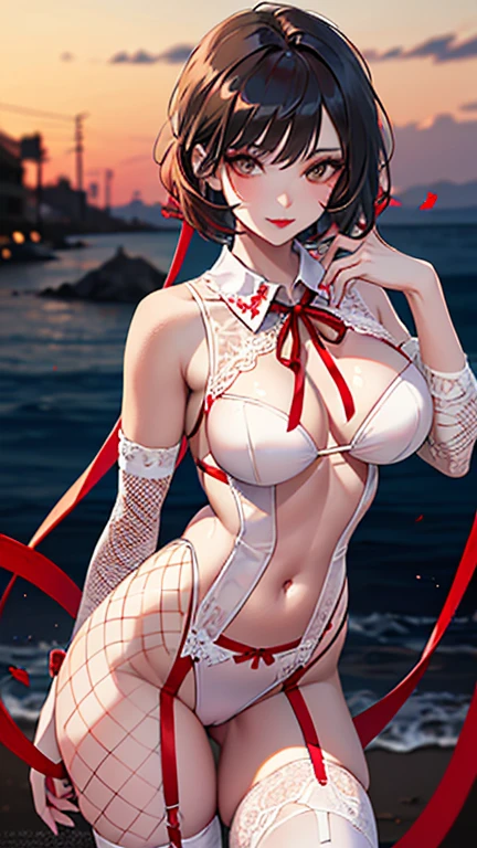((masterpiece, best quality)), Delicate face,Magician,whole body,whole body立绘,Long legs,Large Breasts,Gradient color double ponytail,Perfect body proportions,beautiful eyes,Extremely beautiful,Clouds,Water Ripples,transparent,red,Erotic_lingerie,Sexy_Bikini,Lace
