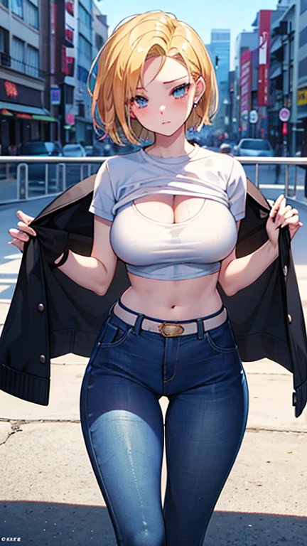 (close shot, best quality:1.5, highres, UHD, 4K, detailed lighting, shaders), blonde ponytail, large breasts, t-shirt, crop top, shorts, standing, street background
