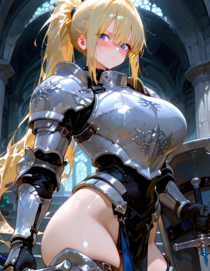 (High quality, High resolution, Fine details), Realistic, (Armored:1.3), Maid Costume, World of Fantasy, Room in a Castle, solo, curvy women, Blonde Hair, sparkling eyes, (Detailed eyes), smile, blush, Sweat, Oily skin, shallow depth of field