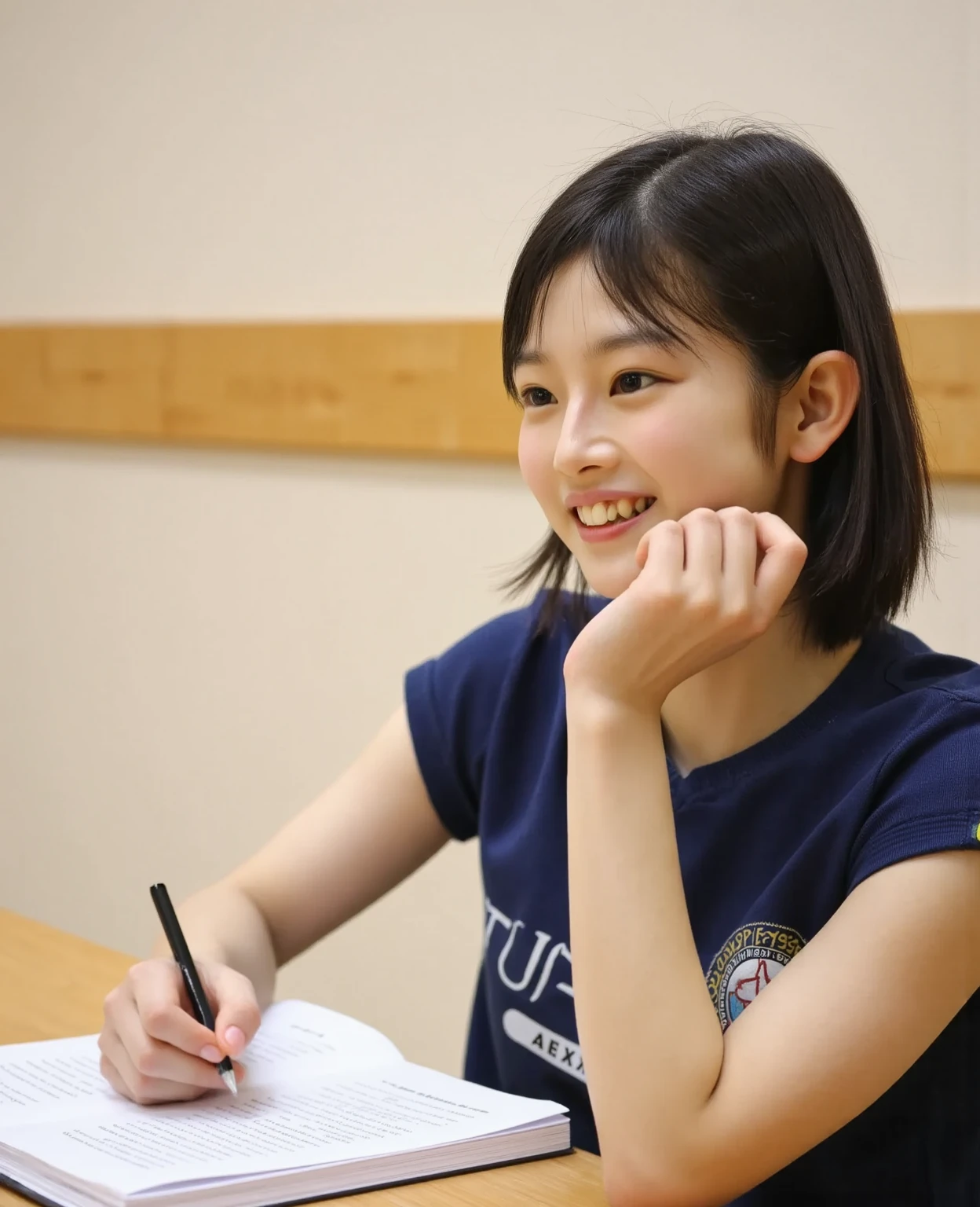 Realistic,Top quality, 1 beautiful woman, super short Hair, shy-smile, at classroom, school girl, student