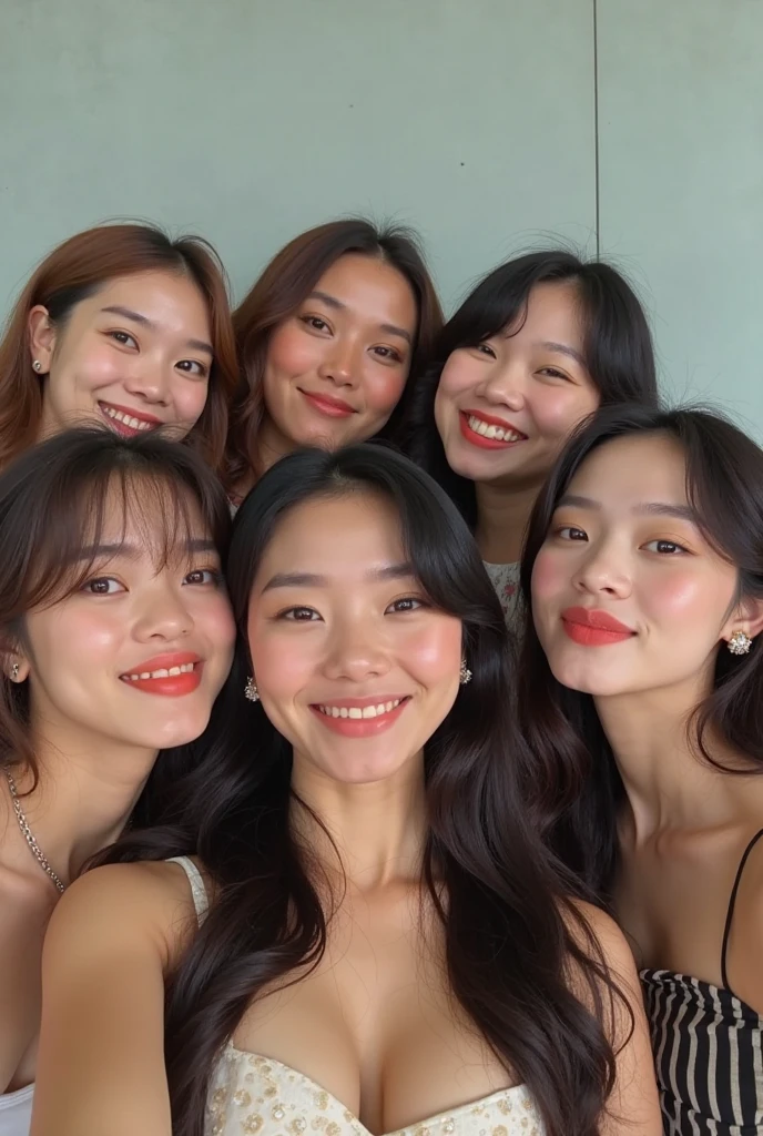 8K、top-quality、masterpiece:1.2)、(realisitic、Photorealsitic:1.37)、ultra-detailliert、Soft light、Cute Girl3a person、pink cheek、OL wind、Beautiful delicate eyes、huge tit、The woman in the middle is holding a smartphone in her right hand and looking at it.、The women on both sides are also happy to see the smartphone held by the woman in the center.