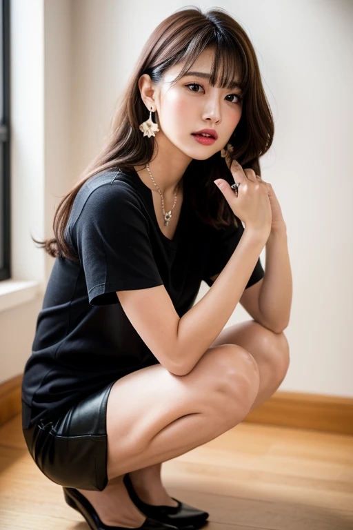 Woman, dainty, chic, nails painted red, slim, black color hair, flat hair, white skin color, clear eyes