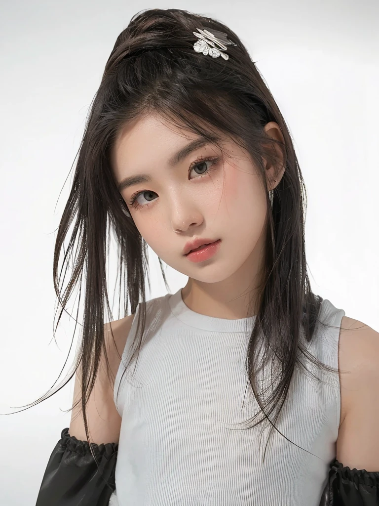 IU, Beautiful girl, 独奏,(brunette color hair),pony tails,T-shirt skirt (looking at the camera in), tmasterpiece, best qualtiy, (photograph realistic:1.2)Dreamy background