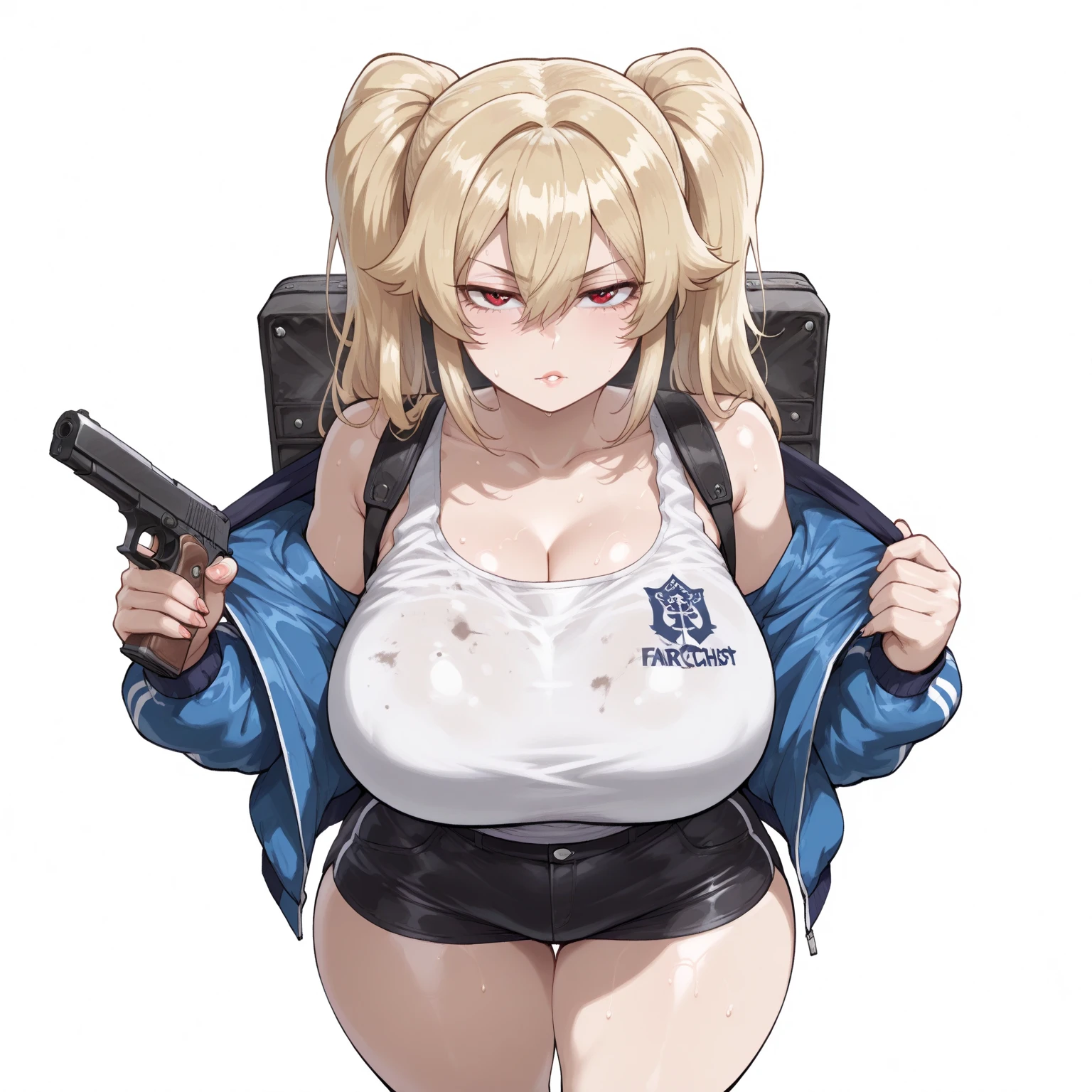 Big knockers, white skin color, white short bob hair, blue ayes, pointy ears, milf bimbo lustful smirking smile red blush red cheeks, chain leash, kneeling, shackles, leather black collar slave, 2 high ponytails, masterpiece, hyper realistic, Ultra detail, high res,