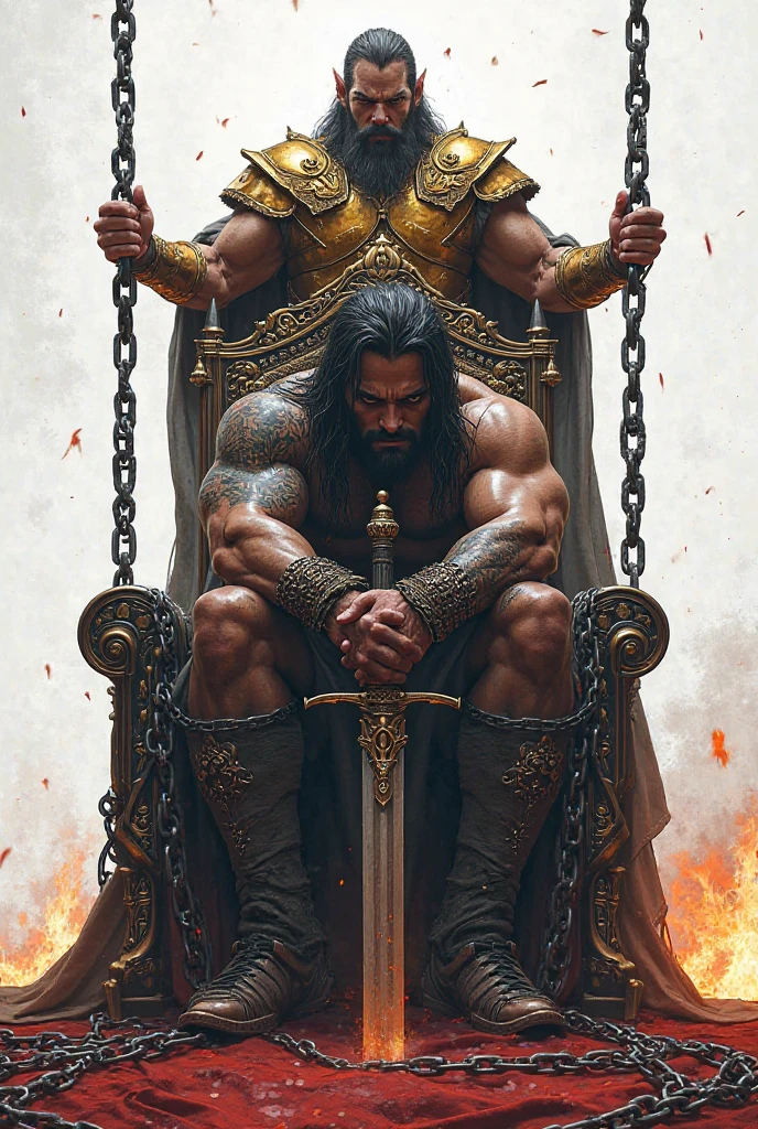 dark fantasy, male, Northerner, with long black hair, strong build, furs on shoulders, naked torso, throne room, face looks like Dwayne Johnson