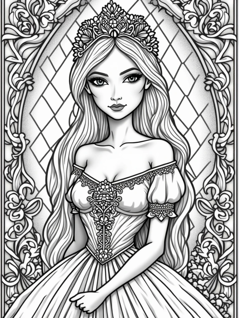 Lady queen half photo bunglow background coloring book pages black and white high details different types of images