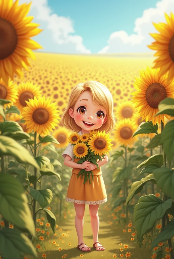 ((Laugh happily)), bit girl,Take a brick,Nature,Wearing yellow overalls, Wear a yellow hard hat, Wear yellow work boots,Sunflowers behind you, Work on construction sites, Sunlight shines on the face, Sweat on the face, wearing DRK_glam, No_Humanity, Depth of field, TO8 contrasting style shadows, (Dark: 0.8), (8K, RAW photo, Best quality, Masterpiece: 1.2)