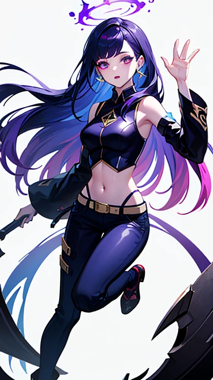 upper body, 1 girl, (AngelMs:1.2), small breasts, panties, midriff, facing side, looking at viewer, (cleavage), thong, string panties, purple thighhighs, (very long hair), (light blue hair), purple eyes, purple jacket,