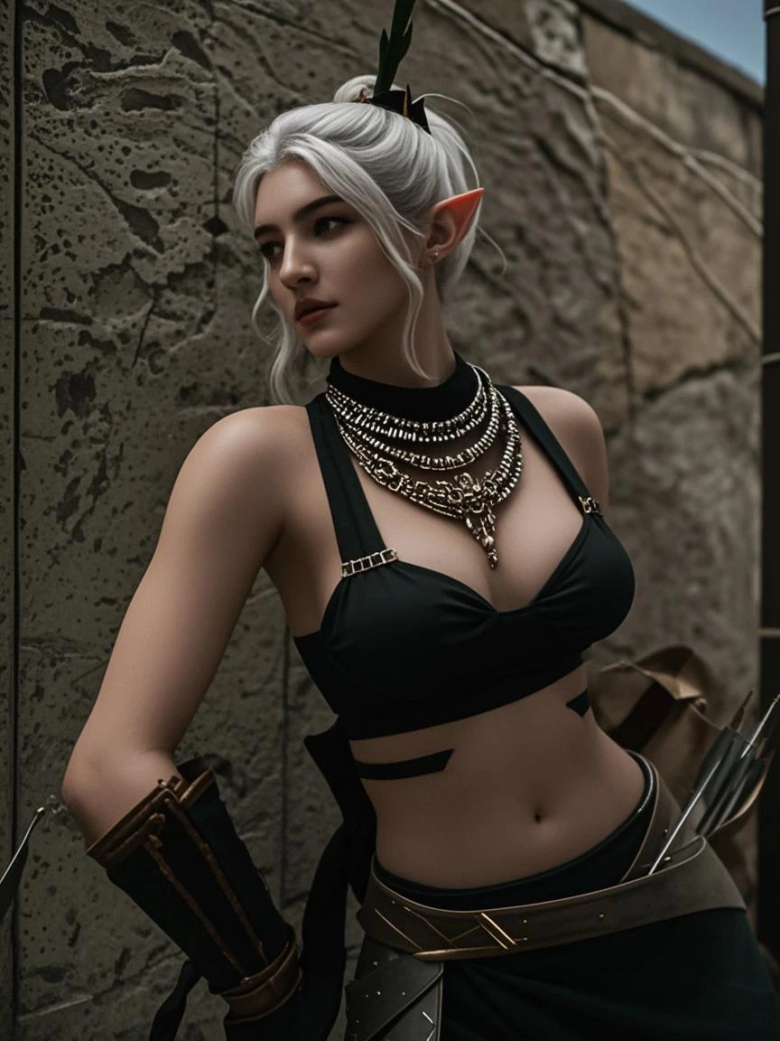 Mujer de cabello rubio disfrazada con cuernos y piercings en el festival, Traje rave salvaje, postapocalyptic vibes, Mezcla de estilo de Burning Man, Elfpunk, V de Devil May Cry As an Elf, Vibraciones del festival, elven character with smirk, recargado , cyberpunk enojado precioso druida, Ciri de The Witcher, Estilo Solarpunk, Solarpunk humano