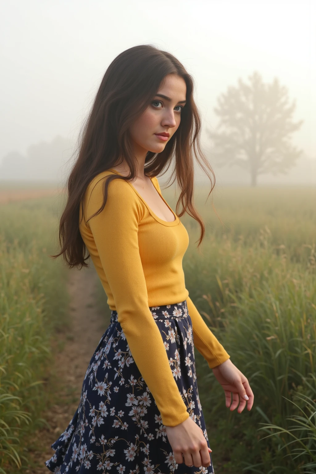 very cute and beatiful woman 30 years old, long light brown hair, light sweater, short sweater no panties unbuttoned one hand barefoot walking barefoot in a meadow, a lot of meadow flowers, woman relaxed and happy, facial features are spectacularly beautiful shining with kindness, sunrise is bright, the sunrise is backlighting the sunlight, frontal view photography, photographic realism, photographic art