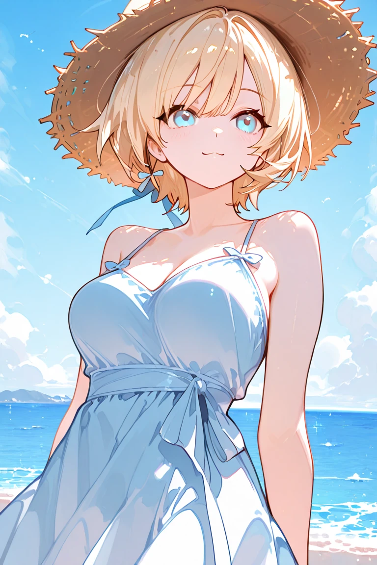commander anime girl, open-neck summer dress, turquoise shorts, 18 years old, tall, medium length blonde hair, blue eyes, on vacation on an island, on the beach, stand up, big breasts, white commander hat, alone, 8K