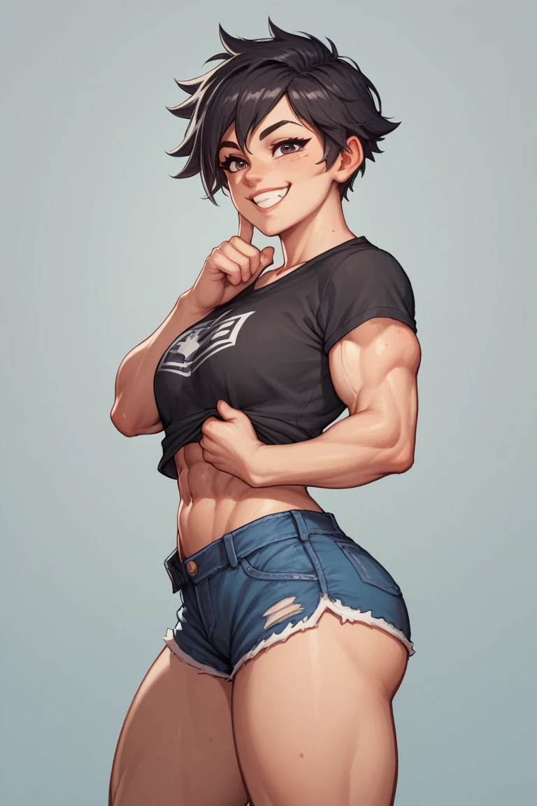 Female, black short hair, earrings, fighter, black designer tank top, thong over biker short leggings, knee socks, Nike shoes, necklace, breasts, butt, sexy waistline, curvy, abs, cameltoe, posing by the pole, half smile