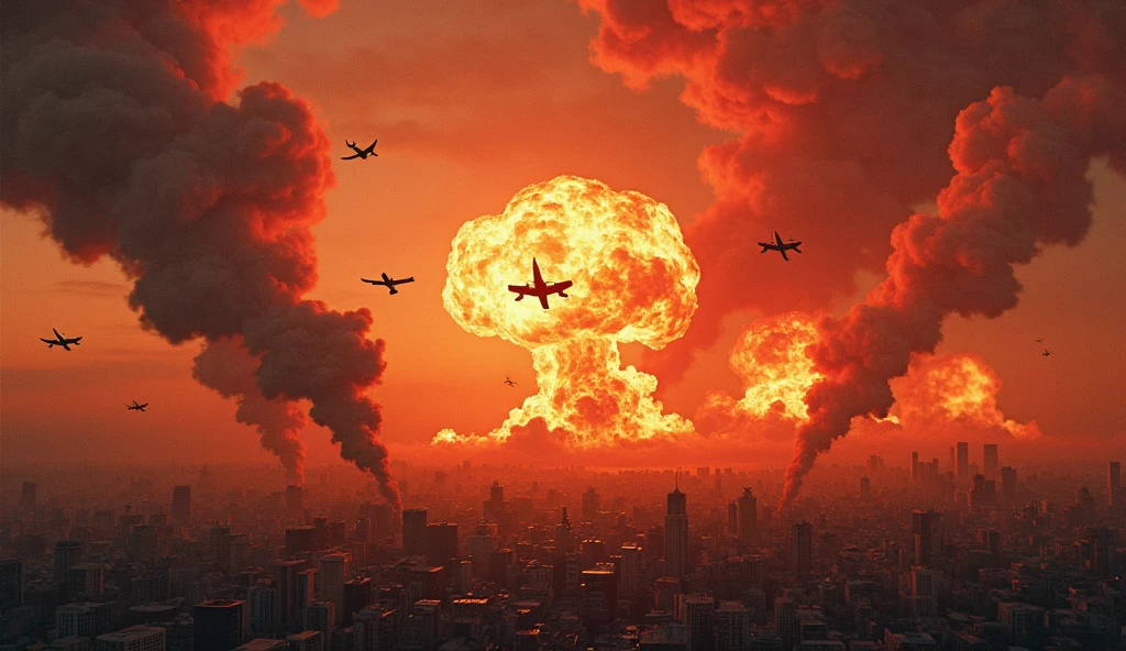 Huge bomb, steam floating, towering over a valley of buildings, the military evacuating people, News Corp helicopters flying over,