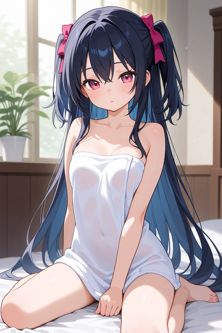 (((masterpiece, Highest quality:1.5,absurdres))),25 year old beauty,(dark blue hair),((very small head:1.2)),long hair,bangs,dark blue eyes,gorgeous eyes,blush、in heat,medium breasts,((very long body:1.2)),((toned body,slender body)),skinny,((tan skin:1.2)),gleaming skin,shiny skin,sweat,((Navy blue camisole、Underboob、navel、Navy blue pleated mini skirt、Flip-up skirt、Navy blue panties、Love juice、),squatting,spread legs:1.3,library、Tokyo、