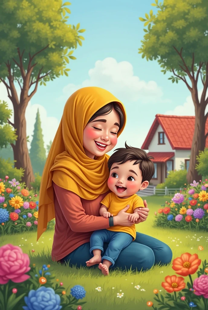 1 Girl, Beautiful, Russian Baby Face, 40 Years Old, White Skin, Hijab Muslim Outfit, Top of The Mountain Background, Wind, Laughing, Tighten Breast, ((bokeh:1.2)), Carrying a Baby