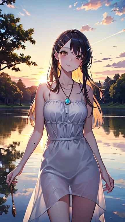 1 girl, serene expression, mesmerizing eyes, straight long hair, flowing dress, poised posture, porcelain skin, subtle blush, crystal pendant
BREAK
golden hour, (rim lighting):1.2, warm tones, sun flare, soft shadows, vibrant colors, painterly effect, dreamy atmosphere
BREAK
scenic lake, distant mountains, willow tree, calm water, reflection, sunlit clouds, peaceful ambiance, idyllic sunset, ultra detailed, official art, unity 8k wallpaper
, zentangle, mandala