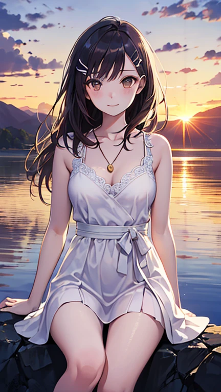 ((Biologically correct limb count))、(( The whole body, from the toes to the face))、4K、Masterpiece、((Focus on the face))、((Symmetrical, well-proportioned facial features))、Eyes with delicate depictions、(((1 person)))、Beautiful woman、Outstanding style、Slender Body、、((White prim、suit、shirt、Checked Skirt,(High heels)))、(((Above the water)))、(Embarrassed face）、(Close-up photo of the upper body）、High angle、(((Photos with a white border around them)))、Sunset、