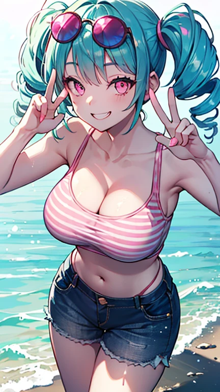 score_9, score_8_up, score_7_up, BREAK from front, ,macro shot,1girl,bulma, blue eyes, blue hair,bare shoulders, belt, cleavage, hair bobbles, hair ornament, hair over shoulder, ,large breasts,midriff, navel, one side up, red tube top, shorts, side ponytail, (strapless, tube top,under_boob:1.2),(arms up,arms uo behind,contrapost,standing),