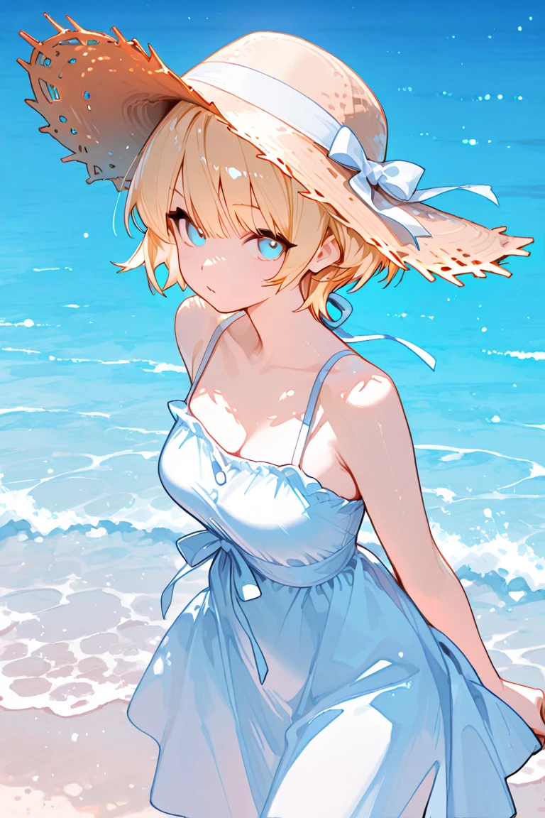 (finely best quality illustration:1.2), (kawaii girl:1.1), (1girl, solo:1.0), (white sundress:1.0), (sitting on the beach:1.0), (:D:0.7), (ultra-detailed, highres:1.0), (sfw:1.0),