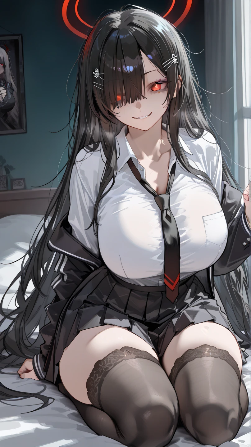 Rin Tohsaka, Rin Tohsaka, aqua eyes, Black hair, Hair Ribbon, Long hair, bow ribbon, (side locks:1.3), (black thighhighs:1.3), looking at the viewers, BREAK (masutepiece:1.2), Best Quality, High resolution, Unity 8k壁纸, (Illustration:0.8), (Beautiful detailed eyes:1.6), extra detailed face, Perfect Lighting, extremely details CG, (Perfect hands, Perfect Anatomy),,cowboy  shot、(white  shirt:1.5)、(Office Lady:1.3)、Miniskirts、((Black skirt:1.5))、s Office、Jacket, Formal, Suit, pencil skirts, Skirt suit、(cleavage of the breast),A smile、Sitting on a chair、(white  panties:1.3), office ID card holder, office lady ID card worker holder, office ID card holder, ID card, 16 years old, slender body, slim body, medium breasts,