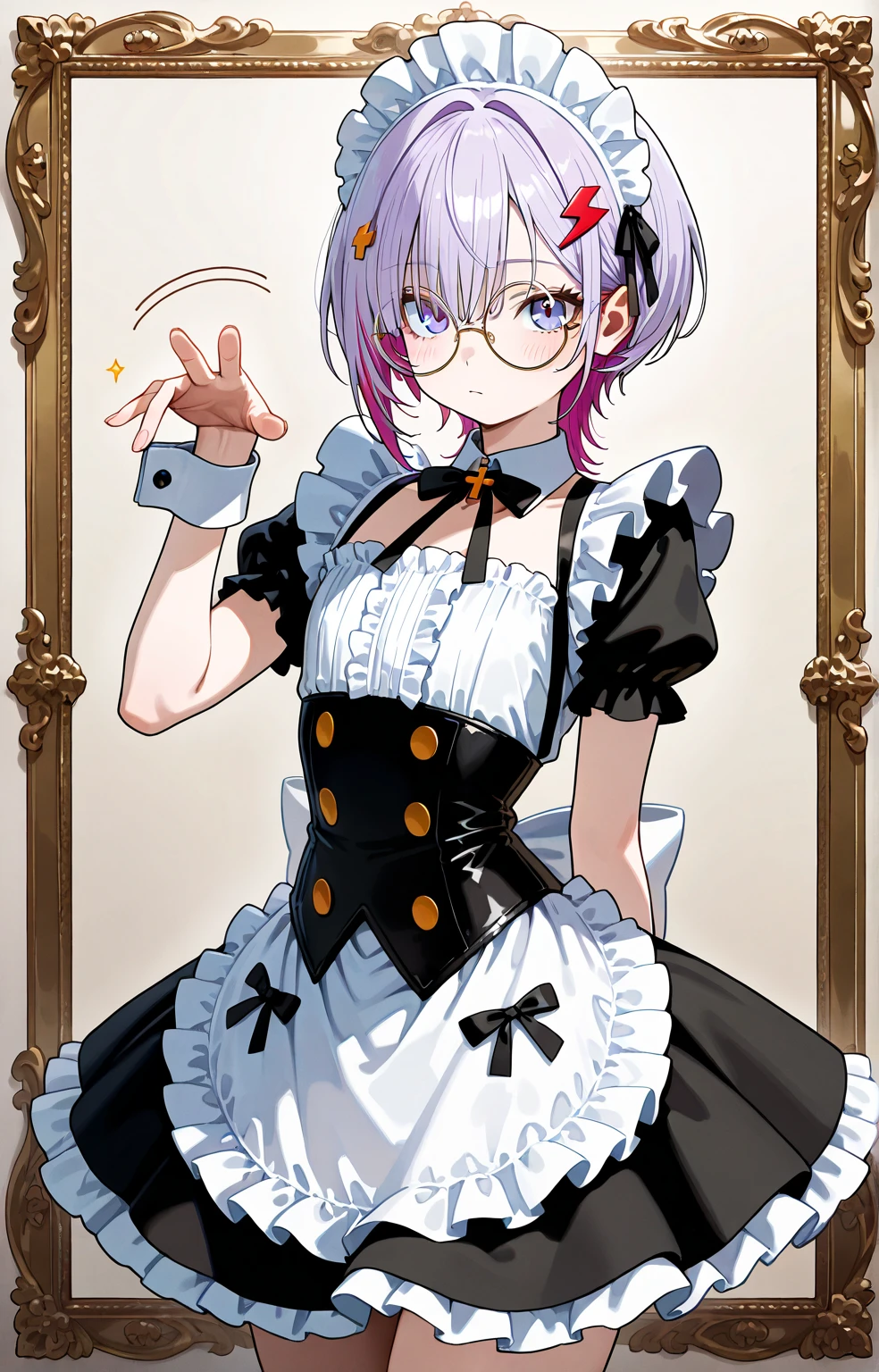 {best_quality}, {{masterpiece}}, {highres}, original, extremely_detailed_wallpaper, girl, {an_extremely_delicate_and_beautiful girl}, {{ultra-detailed}}, {illustration},
<lora:Maid Bikini (Anime+Realistic) Goofy Ai æè£
:1>, (Maid Bikini,maid headdress:1.2), (frills:1.2), alternate costume,
<lora:pela-v100-000028:0.65:lbw=OUTALL>, pela, 1girl, (glasses:1.1), long hair, blue eyes, bangs,
cleavage, clothes_lift, collarbone, dress, dress_lift, elbow_gloves, full_body, gloves, lifted_by_self, SMILE, simple_background, skirt_hold, solo, standing, white_background,
(((rose))), (vines), (Chains), cage, bandage, (red rope), hazy,