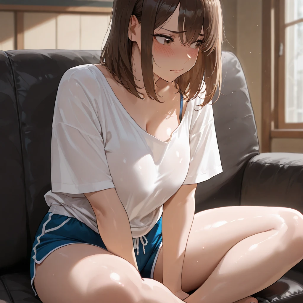 ((masterpiece,Highest quality:1.3,best quality illustration)),((realistic:1.2)),cowboy shot,solo,1woman,18 year old beauty、black hair,short bob hair,(center parted bangs),black eyes,(gorgeous big eyes),((very small head:1.4)),Heavy breathing,crying,((slender body:1.2,skinny)),(tan skin:1.4),small breasts,(White tank top、school gym red buruma),peeing,gleaming skin,oily skin,slender body,sweat,squatting,locker room、Tokyo、