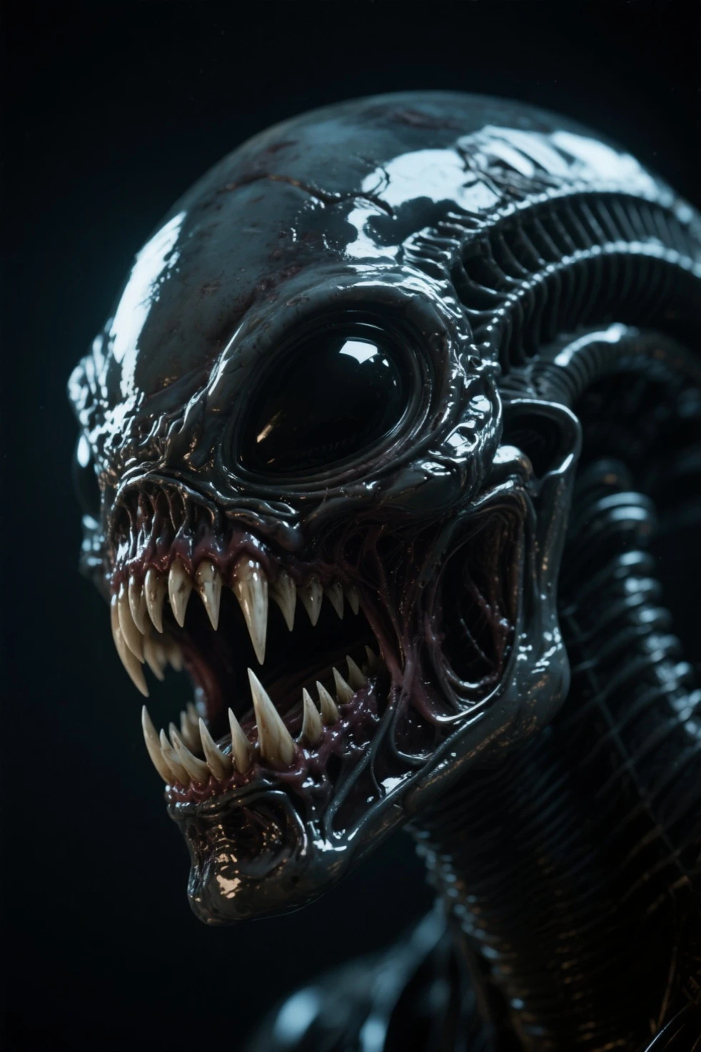 close-up portrait of xenomorph on black background full body shot, saliva flows from its mouth, light outlines the shape of the beast, clear features, 8k, front photography style