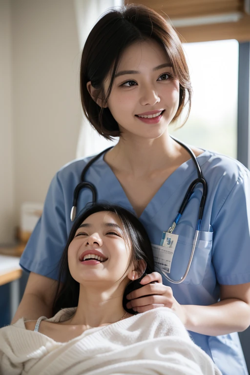 Young female doctor, wearing a white doctor's robe, crouching, talking to a little patient, smiling, touching the child's head, side, (masterpiece), (photorealistic), (8k), (super realistic film)