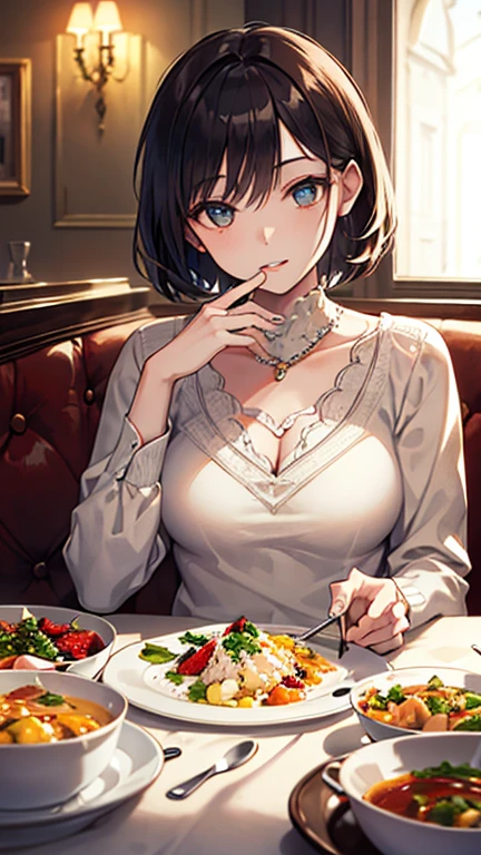 Photorealistic、Highest quality、Highest Resolution、Highest quality、16Ｋ、1 beautiful adult woman、Cute face、Delicate face、Bob cut hair、Ash brown hair color、Brown eyes、Delicate eyes、Beautiful Eyes、Beautiful breasts、Big Breasts、Black casual dress、night、dinner、bar、sake、cheers、