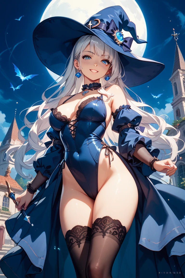 4K,High resolution,One Woman,Light blue hair,long hair,Braid,Dark blue eyes,Big Breasts,witch,White high leg leotard,White boots,White gloves,Black tights,White witch hat,Jewelry decoration,Magic wand,Medieval village,Sunrise background