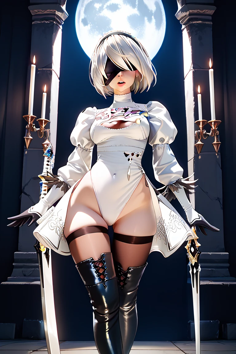 (black short dress:1.3), (spread your legs:1.0), (showing panties:1.0), (white panties:1.4), (black long boots:1.8), (black hair band:1.4), (beautiful face:1.5), (detailed face:1.2), (masterpiece, best quality:1.4), (In the ruined big city), (remains of large machinery:1.5), (fight against mechanical lifeforms:1.5), (full body shot:1.3), (1girl), (have a big sword:1.7), solo, (beautiful european:1.2), yorha no. 2 type b, (white short hair:1.5), hyperrealistic, high detailed skin, high quality, highly detailed face, highly detailed skin, skin pores, subsurface scattering, realistic pupils, medium breast, full face blush, full lips, detailed background, depth of field, volumetric lighting, sharp focus, absurdres, realistic proportions, good anatomy, (realistic, hyperrealistic:1.4)