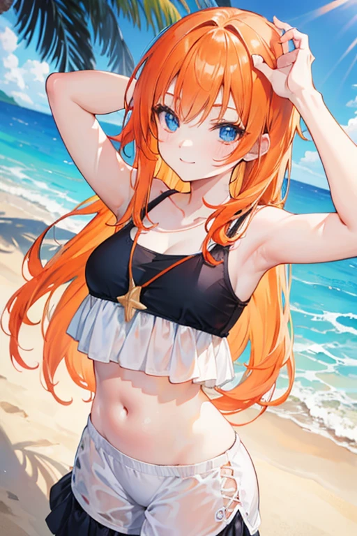 Anime girl, 25 year old, long orange hair, smile, beach , summer, white bikini, colourful, sunlight, dynamic, fun, water, coconut tree, sky, sandy beach