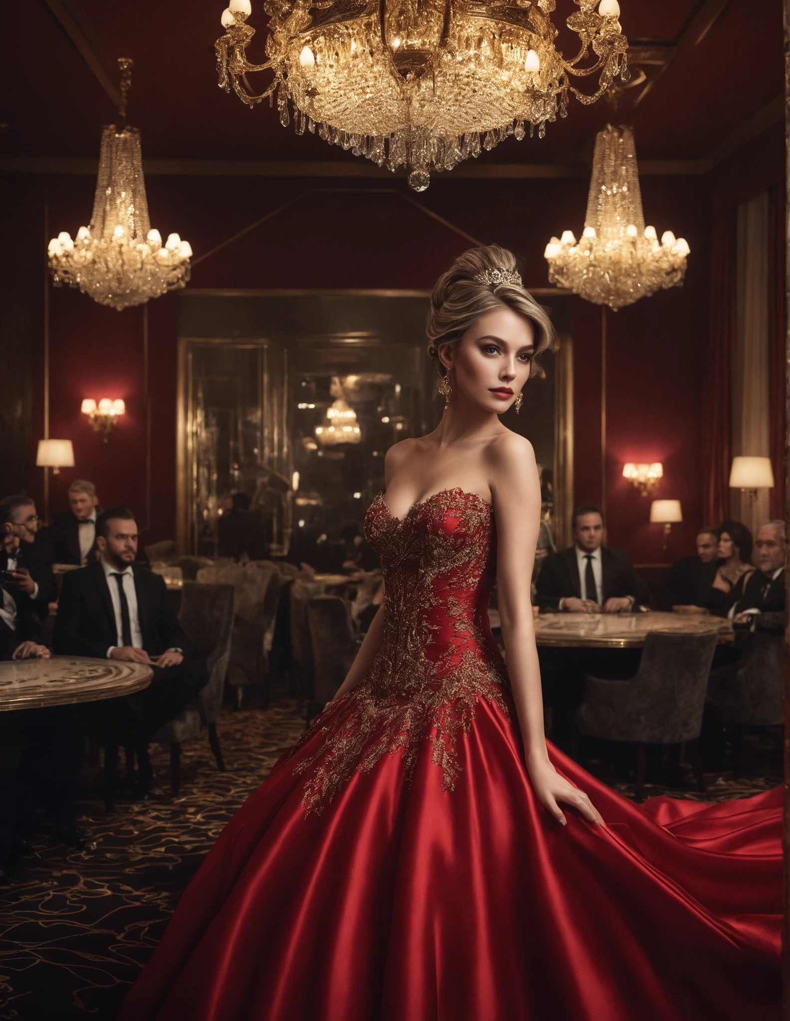 European and American women, A fashion model, Wear a red evening gown, Glamour, paparazzi taking pictures of her, Blonde hair, Brown eyes, 8K, High quality, Masterpiece, Best quality, HD, Extremely detailed, voluminetric lighting, Photorealistic