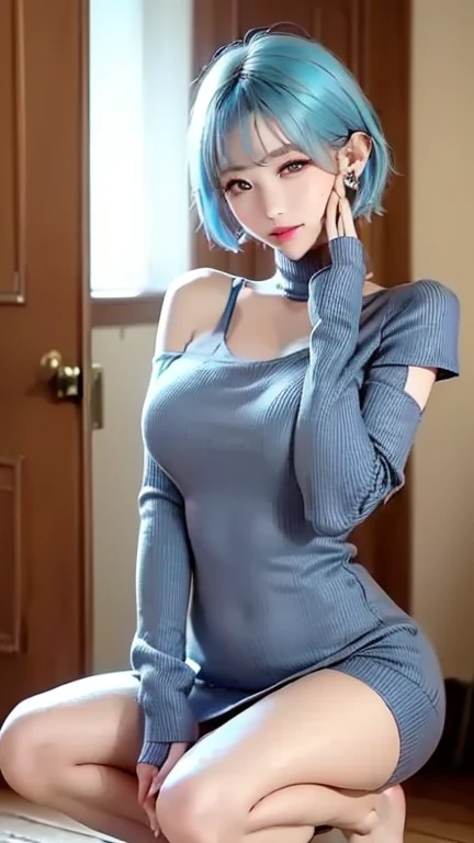 (masterpiece, highest quality, highest quality, Official Art, Beautiful and aesthetic:1.2, Cinematic lighting、Key light at 45 degrees from the front, Fill Light、Soft backlight, masterpiece,highest quality,High resolution,Very detailed,skinny, highest quality, Ultra-high resolution, Wide Lighting),
Beautiful Face、Perfect round ass、The body is slim、Fit and body、Pale skin、Shiny, bright eyes、Long eyelashes、Glossy face、Pervert woman、Beautiful mature woman,
(Oily skin、Glowing Skin、Realistic skin texture、Beautiful skin in every detail、Shiny skin),
A 23-year-old 、(Pixie short hair、gold & Blue hair), Choker,Many piercings,Big cleavage、(Virgin killer sweater dress:1.5),(( Perfect Fingers )) ,((sexy Gestures:1.5, A flirtatious, sexy face、A sweet, ecstatic face:1.5, Open your mouth and look at me))、Heavy breathing , (Lip gloss, eyelash, terrible face),
Accurate 5-finger、Accurate human body、The perfect human body、The most beautiful face, true to the human body、Correct five-finger、The perfect human body、Someone knowledgeable、Highly detailed face and skin texture、Natural neck length、(beautiful Hands)、beautiful, Slender legs、Straighten two legs、Straighten two arms、(orgasm:1.3, 細く鋭い目:1.3, steam:1.2, sweat, Vulgarity:1.3),(((Big Breasts:1.2)))