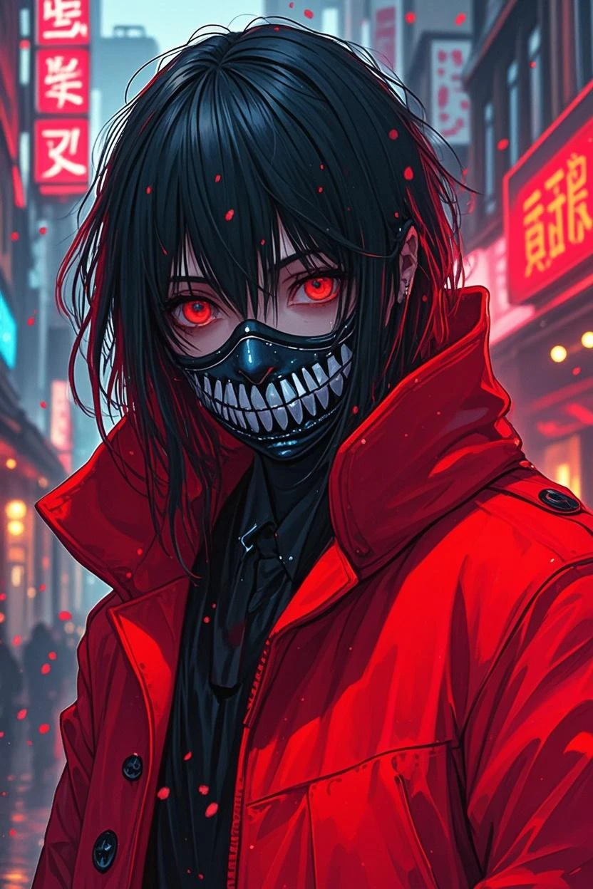 A shadowy character wearing a dark hooded jacket and a face covered by a glowing mask with a terrifying pattern of red eyes and a sinister smile in the form of glowing white stitching.. He is sitting in a relaxed manner in front of a metal fence, with a carefree but intimidating posture. The background is dark with a blue night sky, and the lighting dramatically highlights the shine of his eyes and mouth, while little red sparks float in the air, adding a tense and urban atmosphere. The style is dark and aggressive, with a cyberpunk and vigilante aesthetic, conveying a sense of latent danger.