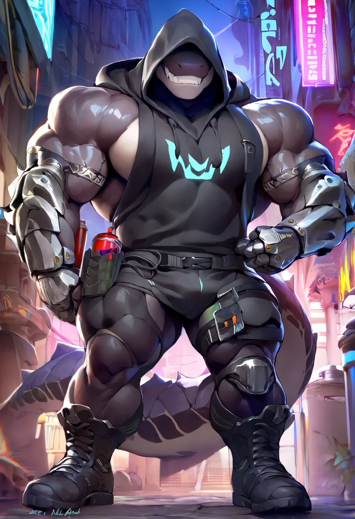 Anthro, lizardman, hooded, ((can't see eyes)), tall, muscular, big pecs, abs, black cowl, black hood, black scale, (white front), toothy smile, big biceps, big tail, Standing proud , Neon lit street, night time, black camo pants, poofy pants, black leather army boots , humanoid clawed feet, (black scales, black body), (((by Null-ghost, HD, masterpiece, 8k,))), wide body, big upper torso, flexing right arm, toothy grin, solo, Leaning against street light,  (mechanical forearms, robotic arms and hands), ((sleeveless hoodie)), cyberpunk, utility belt, pouch, potion on waist, vial on waist, (((((Metal forearms and hands)))))