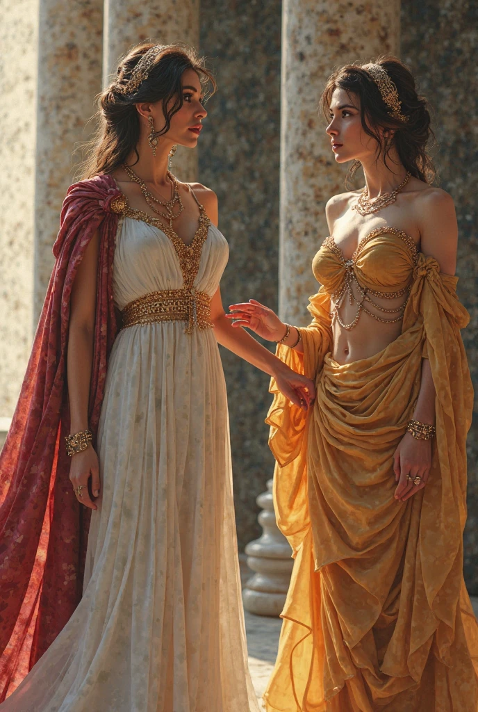 Beautiful Goddess Sisters, whole body, Roman goddess dressed in a costume inspired by the Roman Empire, A Carthaginian goddess in costume with Carthaginian motifs