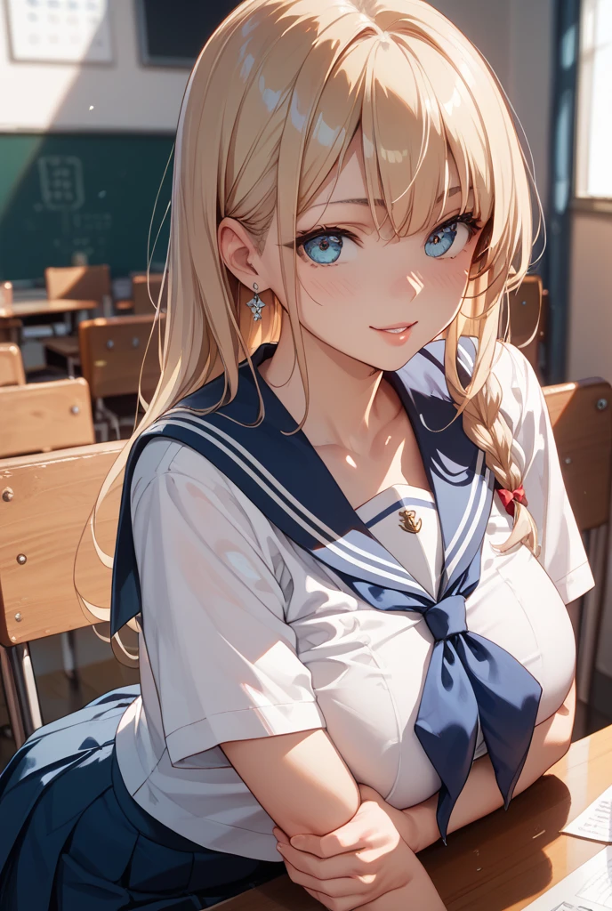 absurderes, ultra-detailliert,bright colour,(8K:1.5),masuter piece,extremely beautiful detailed face and eyes,Detailed skin,Realistic eyes、Sharp pupils、Colossal tits、cowboy shot, Inside the classroom、Schools、Evening glow、beauitful face、blurry backround、16-year-old beautiful girl、shinny skin、Side Up、Beautiful blonde hair、Blunt bangs、Red Eye、(Katyusha:1.2)、a sailor suit、Pleated miniskirt、Curve、Sitting on a desk、(Opening legs、You can see light panties.:1.2)、Gentle smile