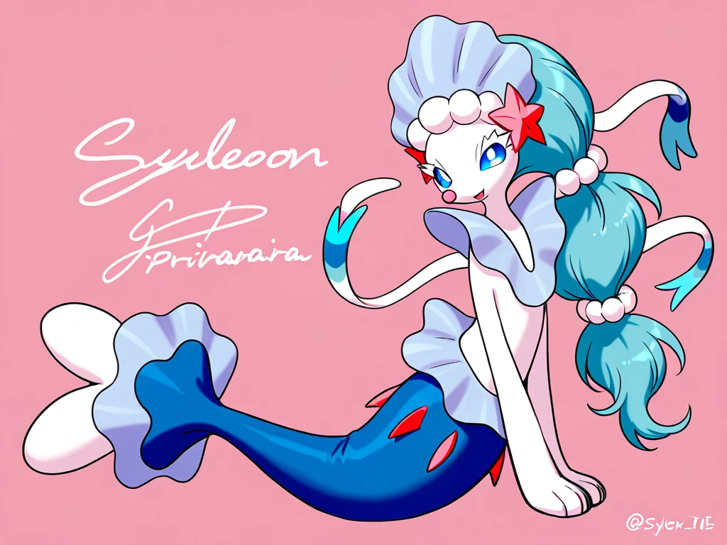 Pretty 15 years old princess magically transformed into a beautiful mermaid, race swap, none human, fish like, long mermaid tail below waistline, pointy ears, red fish scales on skin, drawn in anime style, very long pigtails red hair, long fangs, is smiling, pink eyes, small breast, long pelvic and dorsal fins, pair of fish gills on the torso, seashells bra, starfish hair clips, pearl earrings and bracelets, pearl necklace, hair ribbons, gold tiara, ocean depths, swimming underwater, Highly detailed, 4K.