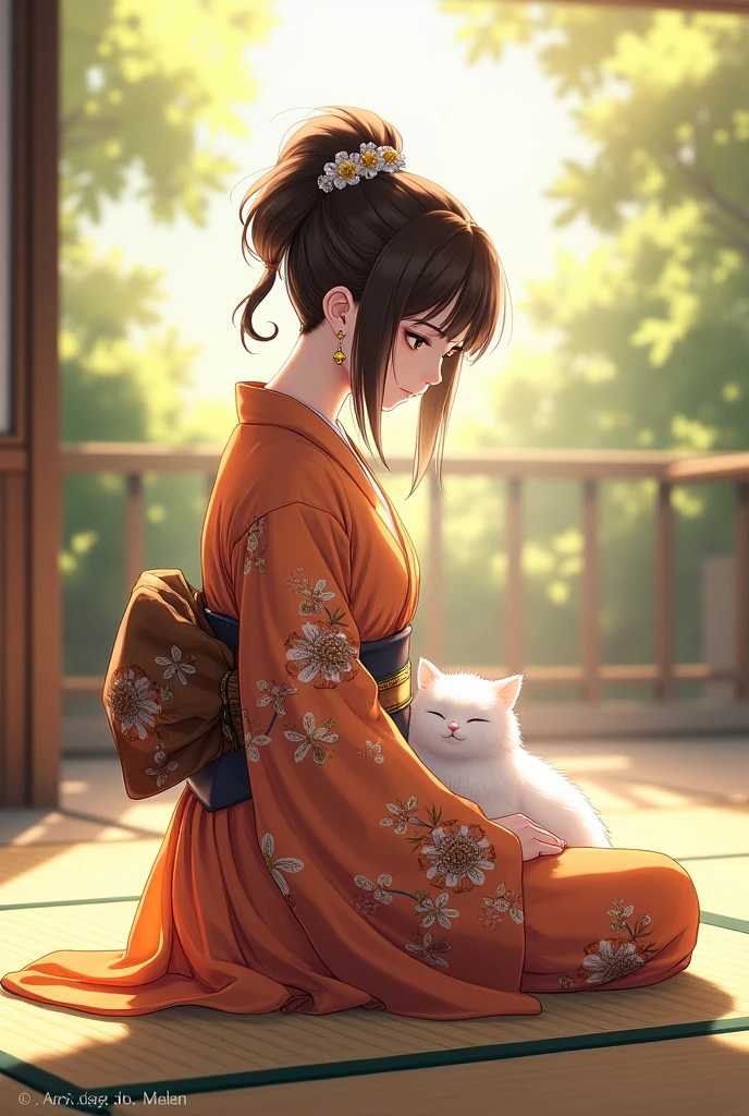 Man in kimono sitting on a tatami on a patio with a little white cat on ...