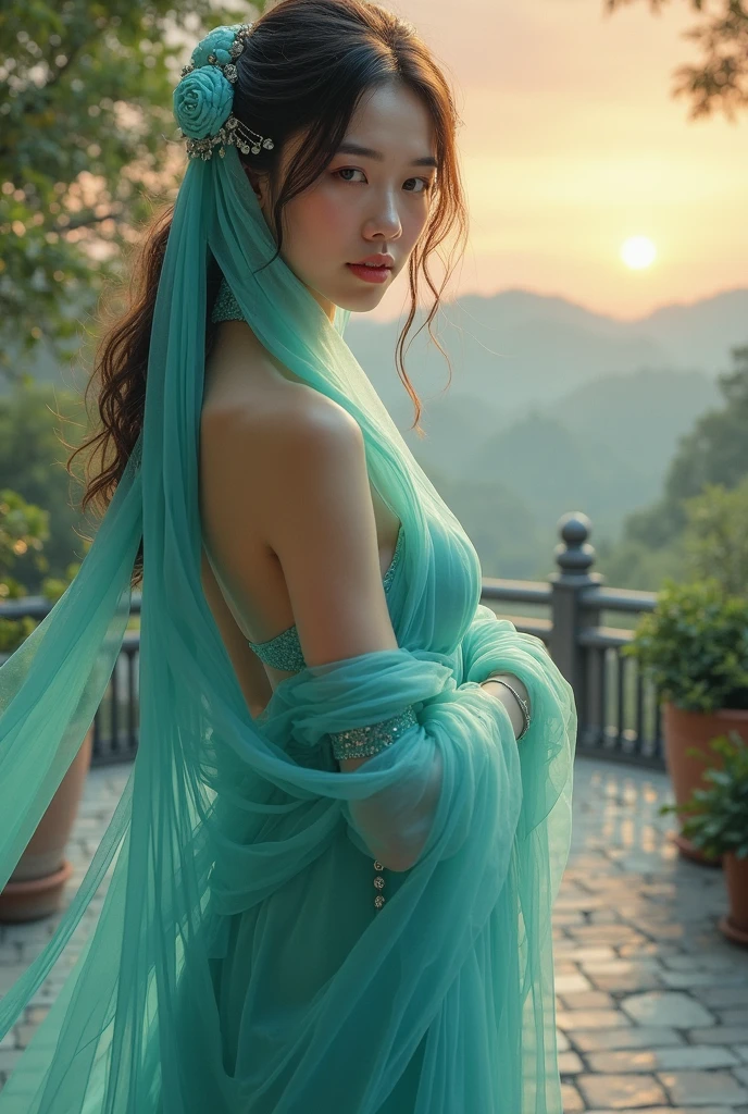12 years old American Girls, ((of the highest quality, 8K, masutepiece: 1.3, Raw photo)), Sharp Focus: 1.2, (1 AESPA Girl :1.1), Solo, (Realistic, Photorealistic: 1.37), (Face Focus: 1.1), Cute face, hyperdetailed face, (long hair: 2.0), Small Smile, colossal tits, big boobs, 40 D cups, wide hips, big booty, nude, camel toe, labia minora, pubic hair (taking off her blue green chiffon dress, chiffon panties: 1.5), Thigh, river side, sunset light, flower, Cattleya
