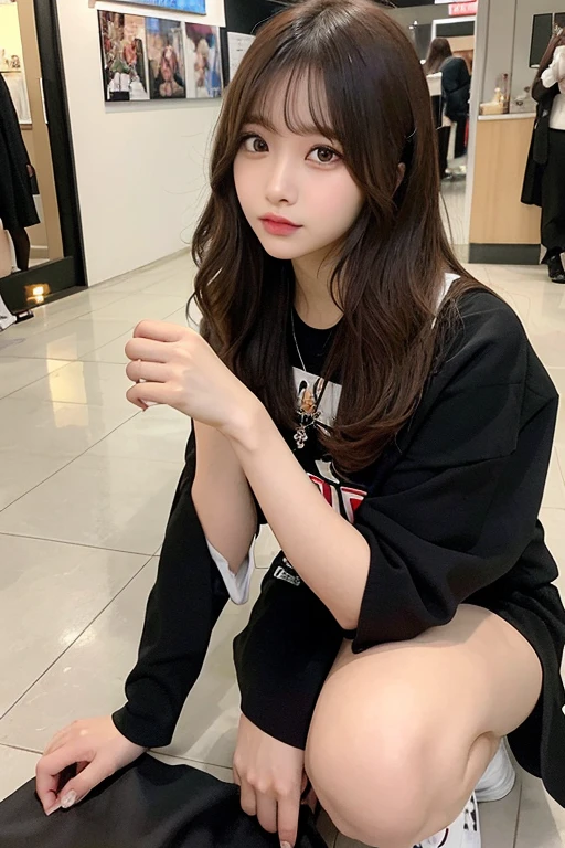 Japanese Beauty、Brown Hair、Barely、Black mini skirt、White T-shirt、indoor、Thighs、White legs、Flooring