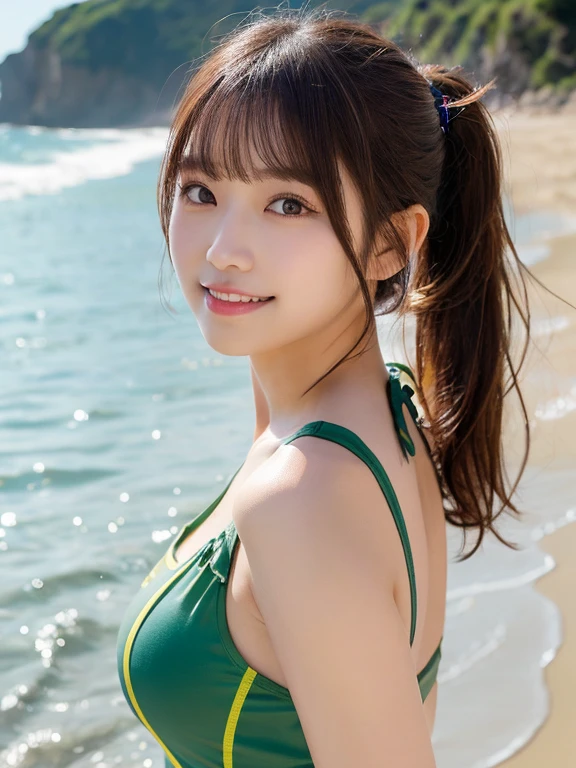 Her shiny black ponytail flutters in the wind、Beautiful anime-style Japanese woman looking at the sea。She was wearing a lime green high leg bikini.、Standing on the beach in an elegant pose。Her eyes are big and sparkling、Smiling and with a calm expression。The bust is a little small,Looking towards the sea,Urushihara Tomochika,View from diagonally behind to the right