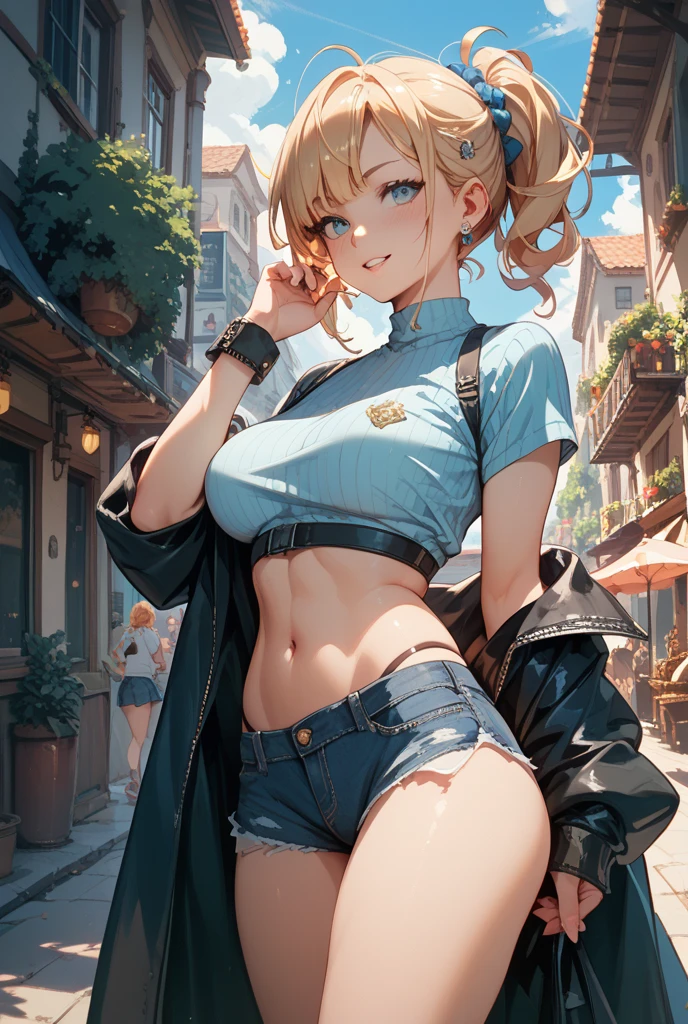 maryms, Best Quality,(beauty), 1girl,phisically-based render ,ultra highres,(cowboy shot:1.5),narrow waist, skinny, LeonaMS ,muscular, big blue eyes,long legs,jeans,leather belt,small breasts,puffy eyes, leather belt,(rainy city), shiny skin, facing viewer, Victory posture,