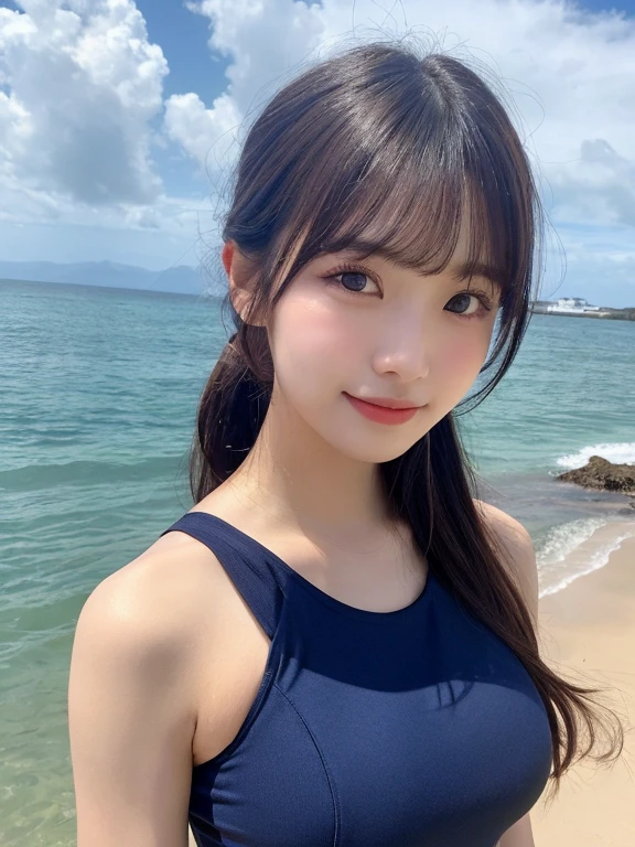 Highest quality, 32k, High resolution, Masterpiece:1.5, ), marimo_jet, god々A photograph with brilliant dazzling and healing power., Evoking a sense of calm and elusive beauty, Expressing emotions, Have a rich imagination,Beautiful Japanese Girls, ((Low - Angle:1.3)), An exceptionally beautiful face, Small Face Beauty, Perfect Human Anatomy, Magical big eyes, Motherhood and generosity, Deep Love, fleeting smile, Shiny black hair, Long Hair, Asymmetrical bangs, Hair between the eyes, Transparent, soft white skin, Sharp eyebrows, Thin lashes, Natural Makeup, Cheek highlighter, Pale pink detailed lips, , ((Sky blue bikini:1.2)), High resolutionの完璧な鎖骨, High resolutionの美しい胸元, Slim figure with ample breasts, High resolutionの美しい太もも, ((In front of a white painted wall:1.3)), Professional Lighting, Professional photographer, Professional models, god秘的