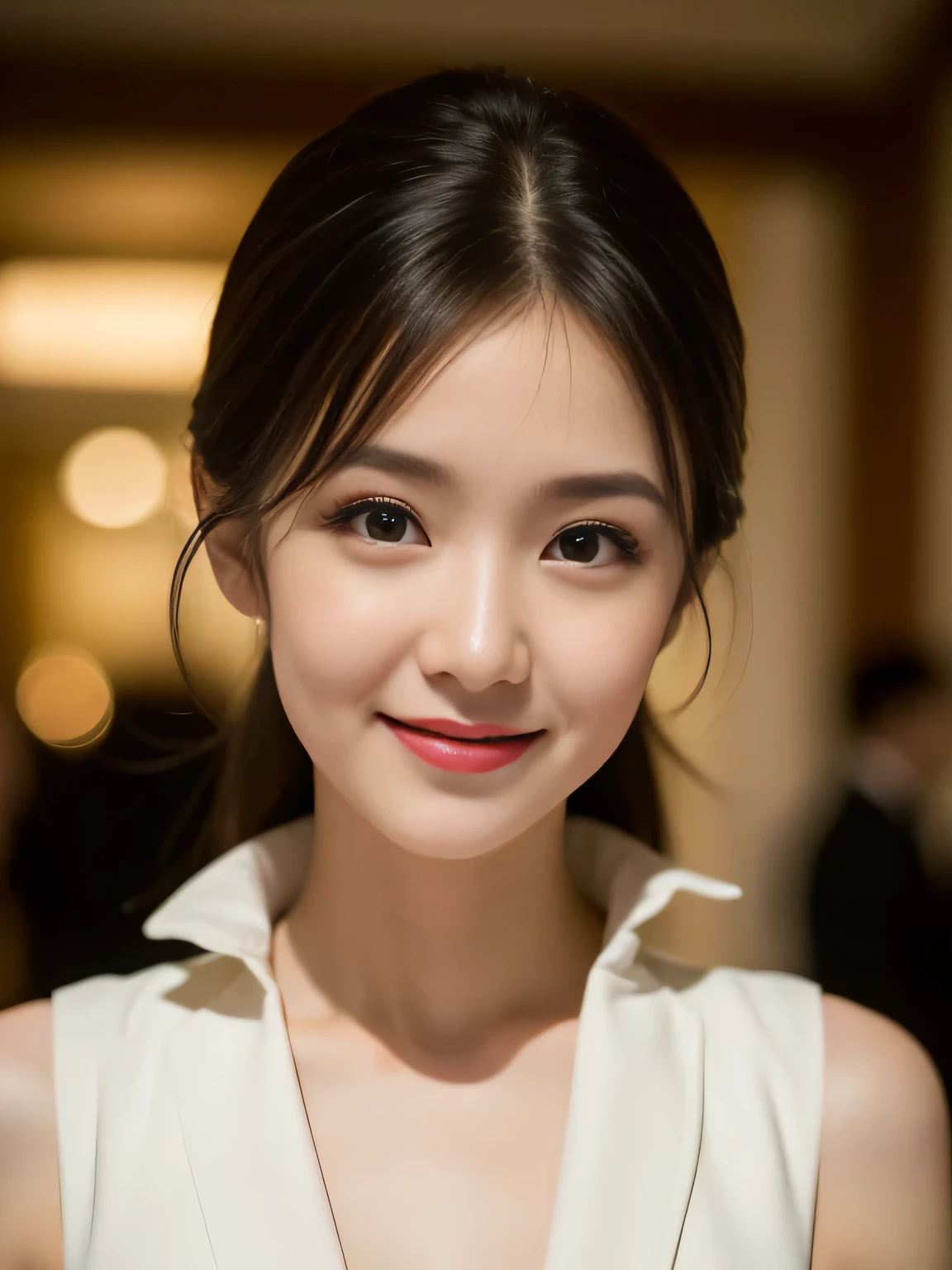 1 pretty girl,white skinned,brown hair,looking at viewer,pony tail, happy smile, elegant black evening dress, star wars