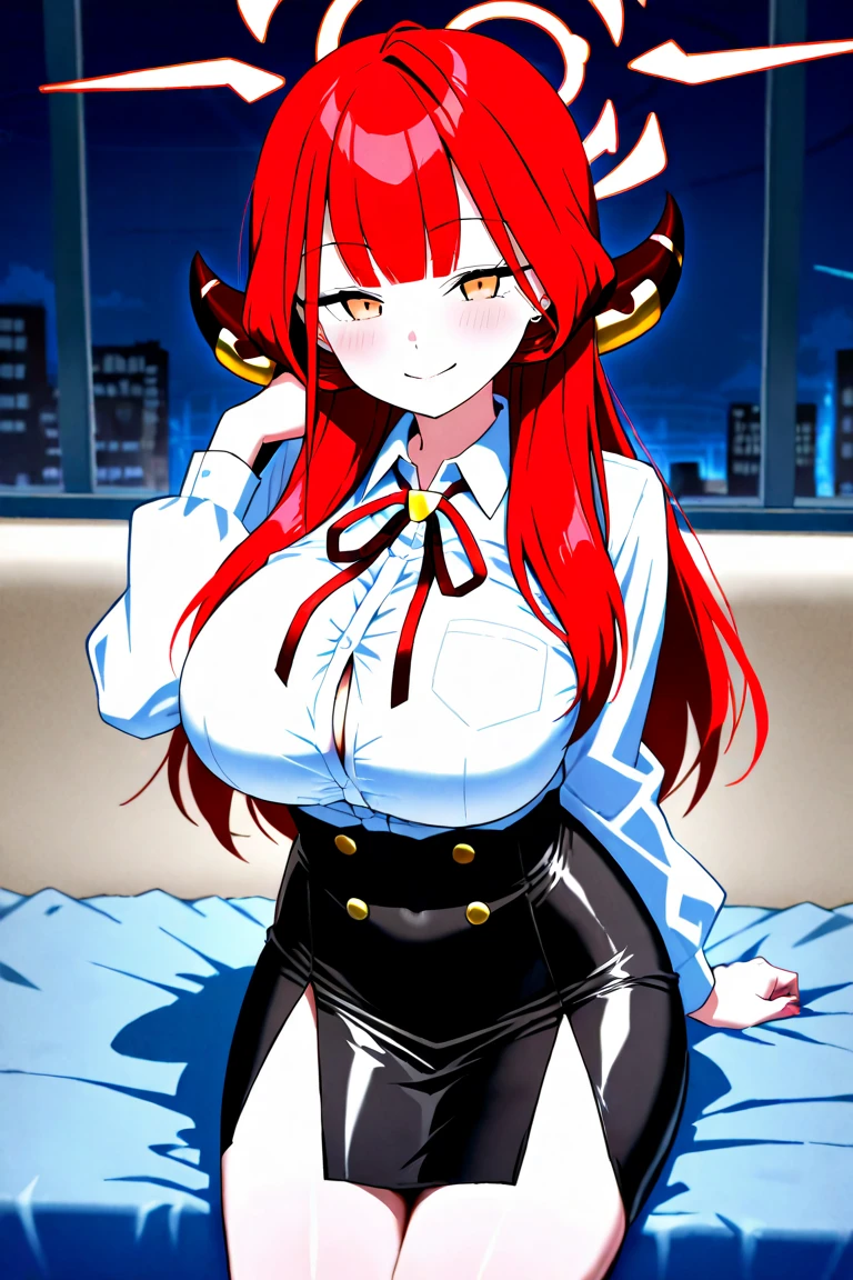 a beautiful and stunning woman with long, wavy orange hair and green eyes, twin volumous ponytails, wearing a black kimono with a red floral print , orange fox ears, lying on the bed with a shy smile, red cheeks and light freckle marks only on her face, defined silhouette, huge breasts, thick thighs, earrings of skulls, dark environment, dark colors, pastel tone, cold palette, sharpness, attention to detail, richness of details, cute aesthetics, cherry blossoms decorating the hair