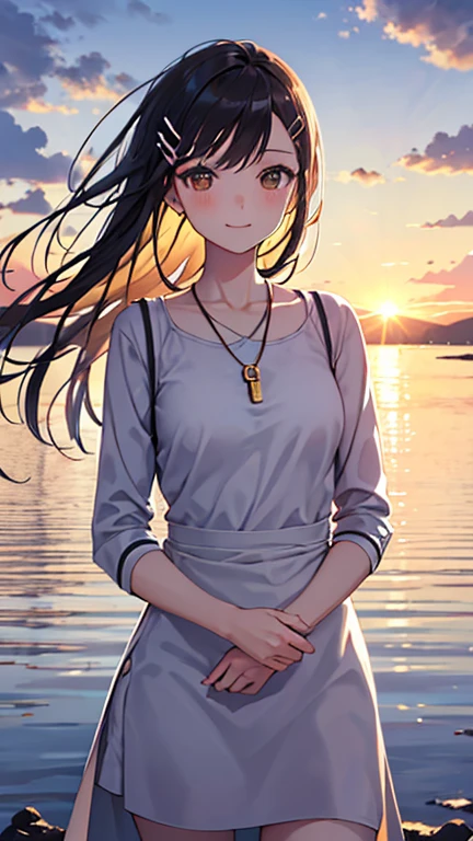 Lake Izu,((Highest quality)), ((masterpiece)), (be familiar with), One female,(Small breasts),Long Hair, Brown Hair, Brown eyes,White shirt,Exposing shoulders,Erect nipples