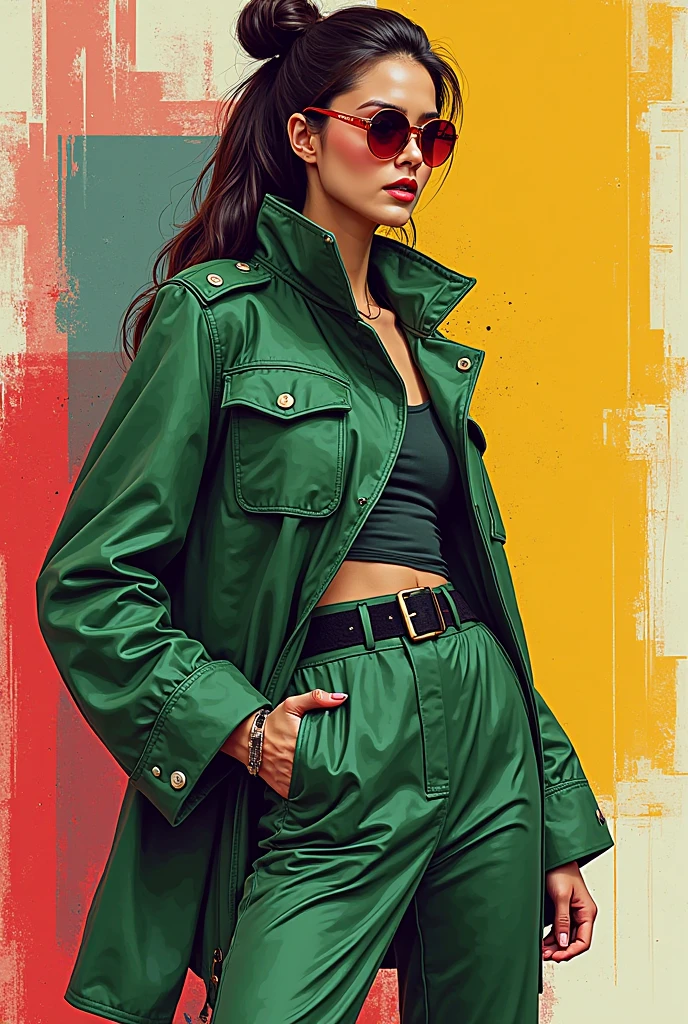 A tall, sexy, kind, busty Russian Soviet military girl milf with long, straight, soft red hair, brown eyes, pink lips, wearing a green metallic top, a black patch on her chest, a yellow ribbon around her waist, and large green metallic pants with sensual thighs and large yellow boots. She is wearing a black Soviet winter cap. 